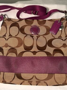 Coach Brown Purple Logo Shoulder Bag with Zipper Accents & Outer Pockets